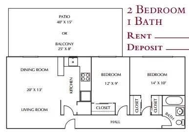2 Beds, 1 Bath Model floor plan